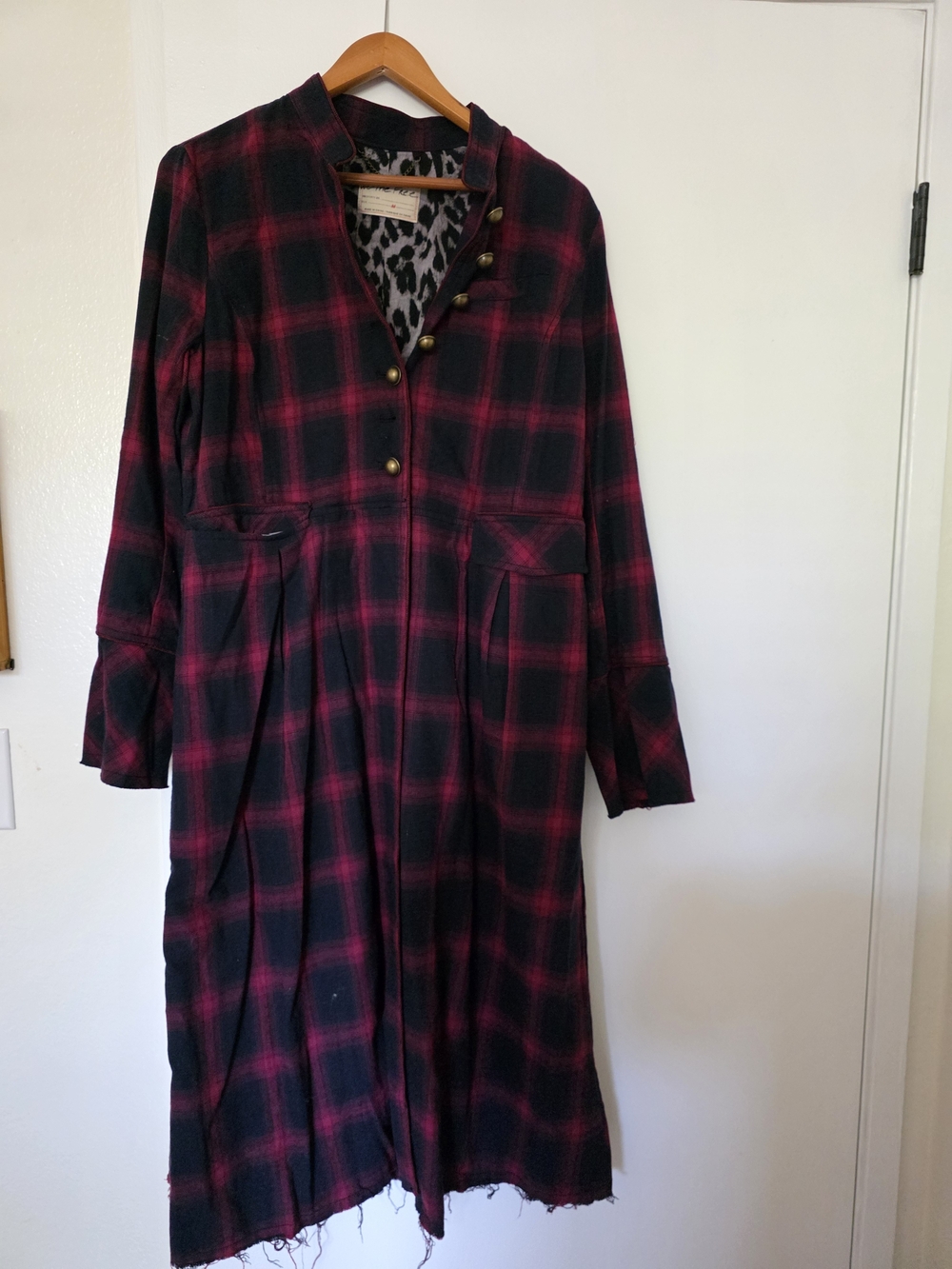 Free PeopleRed and Black Plaid Long Button Duster